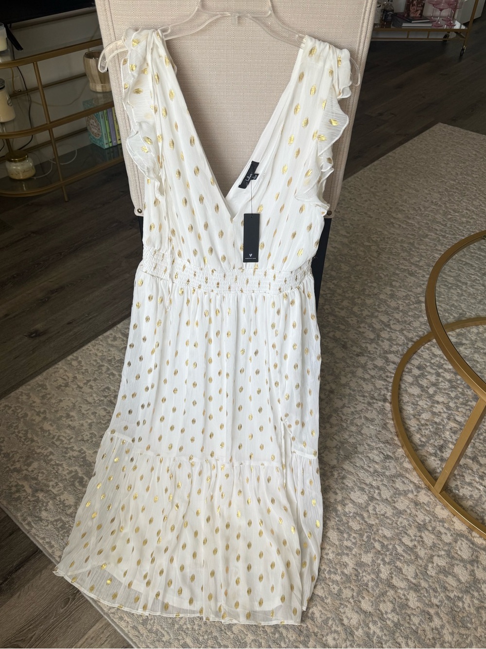 Lulu's Cause to Celebrate White and Gold Dot Ruffled Tiered Midi Dress - Picture 3 of 12